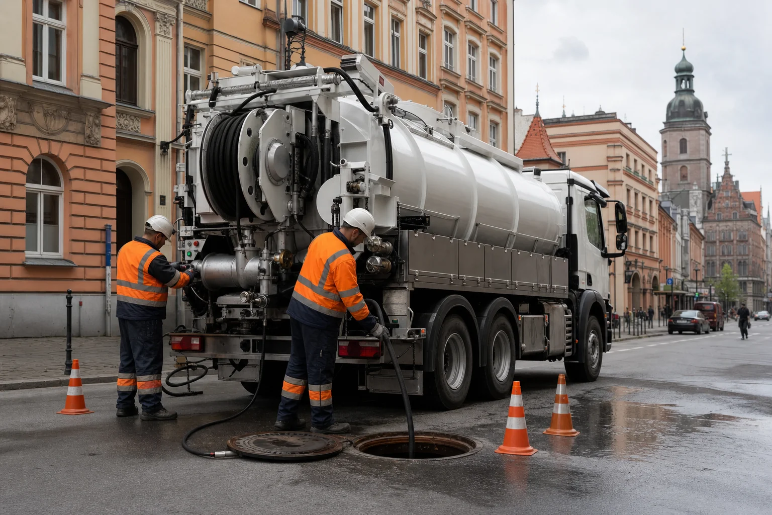 Samochód WUKO ZIĘBUD Expert w Wrocławiu z ekipą pracującą przy otwartej studzience